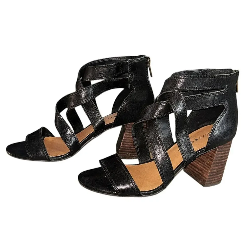 Lucky Brand Vyrah Black Leather Crisscross Strappy Sandal 3" Heels 7.5 - Picture 3 of 7